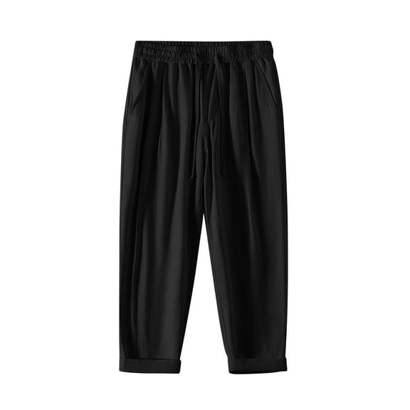Dagegui Men's Lightweight Linen Cropped Pants Breathable Summer Casual 3/4 Length Trousers Drawstring Elastic Waist Beach Pant with Pockets Black XL