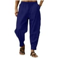 thumbnail image 1 of Dagegui Men's Linen Harem Pants Casual Loose Fit Trousers Lightweight Breathable Elastic Waist Beach Pant with Drawstring & Pocket Navy L, 1 of 3