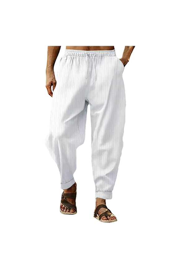 Men's Linen Harem Pants Casual Loose Fit Trousers Lightweight Breathable Elastic Waist Beach Pant with Drawstring & Pocket White S
