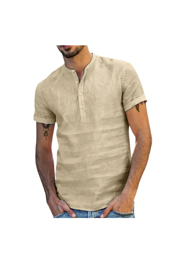 Men's Linen Henley Shirt Summer Short Sleeve Beach T Shirts Casual Tee Solid Button-Down Pullover Tops for Everyday Khaki XL