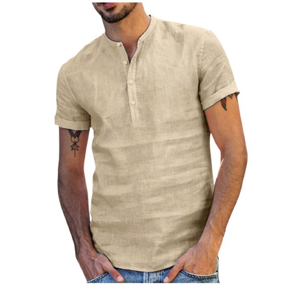 Dagegui Men's Linen Henley Shirt Summer Short Sleeve Beach T Shirts Casual Tee Solid Button-Down Pullover Tops for Everyday Khaki XL