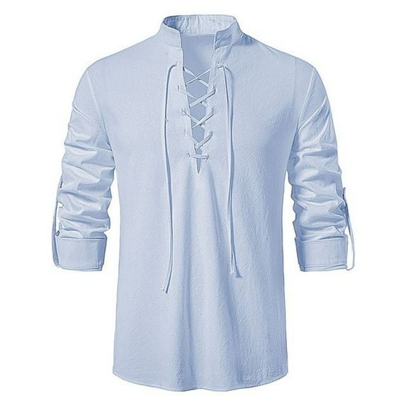 Dagegui Men's Linen Long Sleeve Shirts Vintage V-Neck Lace Up Shirt Solid Color Holiday Party Tee Casual Pullover Tops Light Blue S