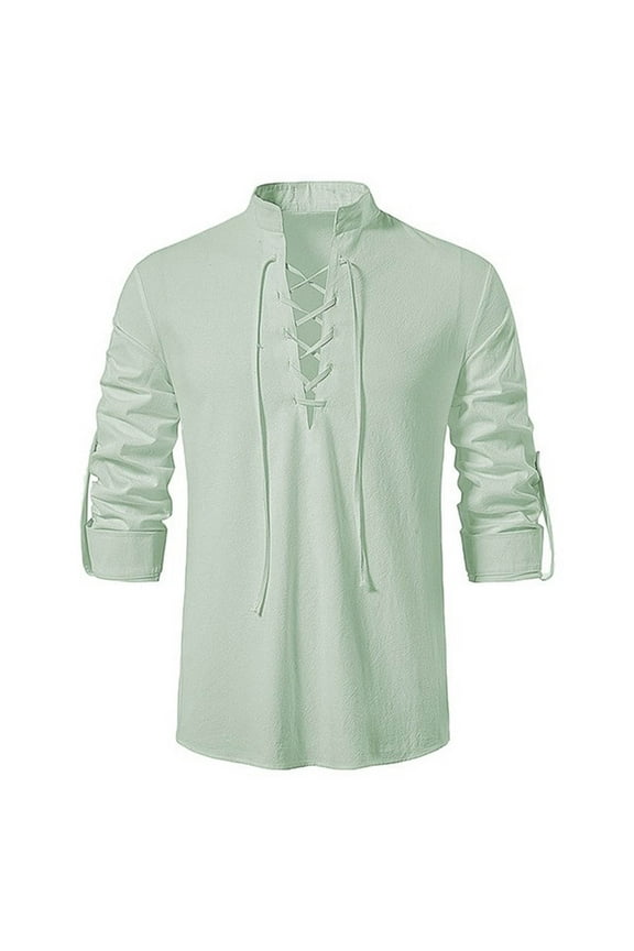 Men's Linen Long Sleeve Shirts Vintage V-Neck Lace Up Shirt Solid Color Holiday Party Tee Casual Pullover Tops Mint Green XL