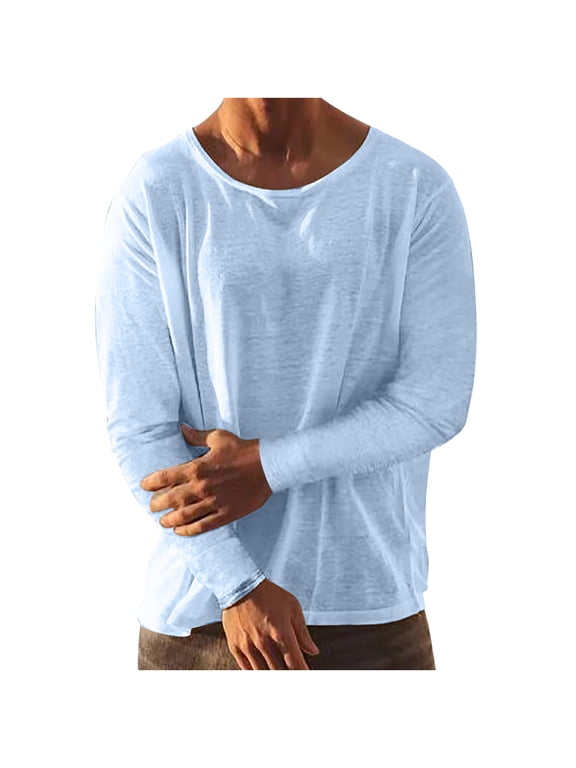 Men's Linen Shirt Solid Crew Neck Long Sleeve Casual Lightweight Daily Tops Summer Beach Pullover Shirts Blue XL