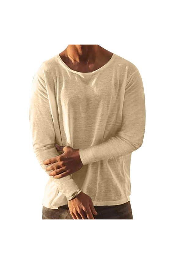 Men's Linen Shirt Solid Crew Neck Long Sleeve Casual Lightweight Daily Tops Summer Beach Pullover Shirts Khaki L