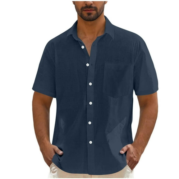 Dagegui Men's Linen Short Sleeve Shirts Casual Lightweight Button Down T-Shirt Summer Beach Vacation Tops with Chest Pocket Dark Blue XL