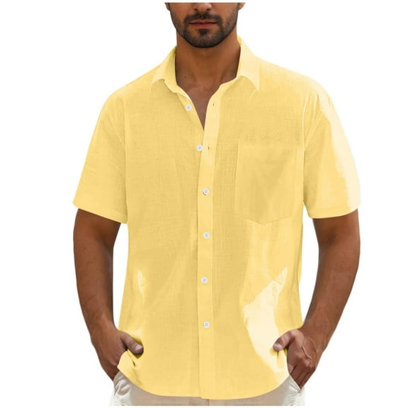 Dagegui Men's Linen Short Sleeve Shirts Casual Lightweight Button Down T-Shirt Summer Beach Vacation Tops with Chest Pocket Yellow L