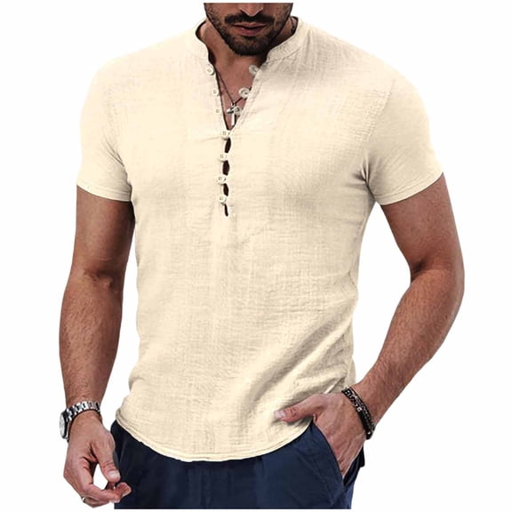 Dagegui Men's Linen T-Shirts Beige Short Sleeve Henley Shirt Summer Casual Beach Vacation Shirts Lightweight Outdoor Travel Tee Tops 3X