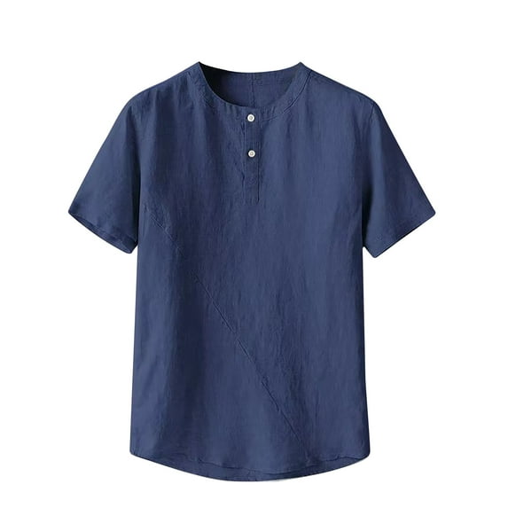 Dagegui Men's Linen T-Shirts Solid Crewneck Henley Shirts Short Sleeve Buttons Pullover Tees Big and Tall Summer Casual Shirt Homewear Blue,XL