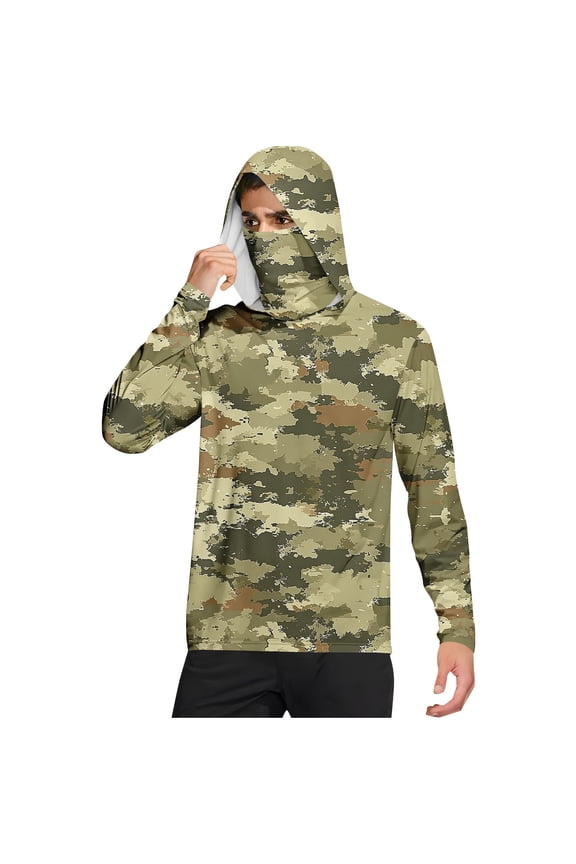 Men's Long Sleeve Camo Shirt with Built-in UV Face Protection Summer UPF 50+ Shirt Hoodie Lightweight Rash Mask Gym Tee Tops Green XL