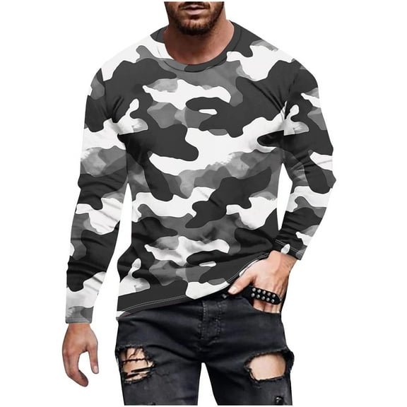 Dagegui Men's Long Sleeve Camo T-Shirt Camouflage Print Crew Neck Tops Soft Lightweight Shirt Pullover Outdoor Hiking Camp Shirts Gray,XXL