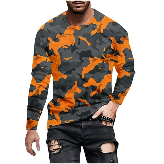 Dagegui Men's Long Sleeve Camo T-Shirt Camouflage Print Crew Neck Tops Soft Lightweight Shirt Pullover Outdoor Hiking Camp Shirts Orange,XXXL