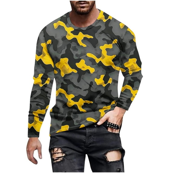Dagegui Men's Long Sleeve Camo T-Shirt Camouflage Print Crew Neck Tops Soft Lightweight Shirt Pullover Outdoor Hiking Camp Shirts Today Deals Yellow,M