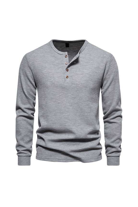 Men's Long Sleeve Henley Shirts Waffle 4 Buttons Casual T-Shirts Solid Color Basic Pullover Tops Gray XXL