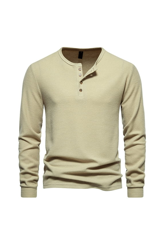 Men's Long Sleeve Henley Shirts Waffle 4 Buttons Casual T-Shirts Solid Color Basic Pullover Tops Khaki S