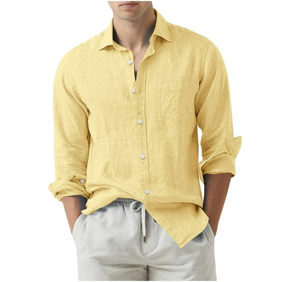 Dagegui Men's Long Sleeve Linen Shirt Casual Button Down Turndown Collar Shirts Lightweight Breathable Tops for Summer Beige L