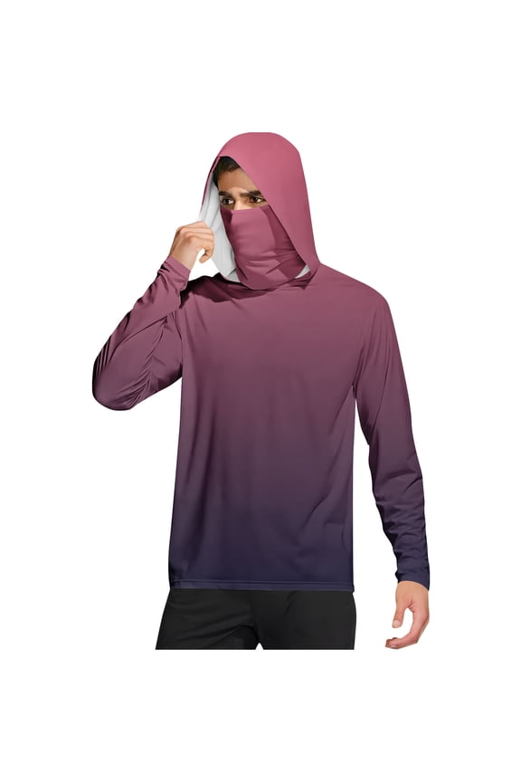 Men's Long Sleeve Shirt with Built-in UV Face Protection Hawaiian Sun Hoodie Lightweight UPF 50+ Moisture Wicking T-Shirt for Summer Outdoor Wine M