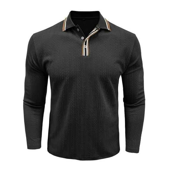 Dagegui Men's Long Sleeve Shirts Textured Pullover Trendy Button Down Lapel T-Shirts Stylish Golf Tops Black S