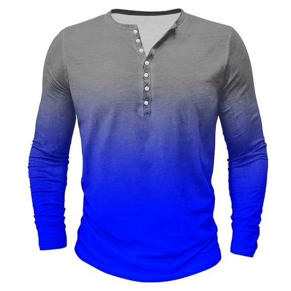 Dagegui Men's Long Sleeve Shirts Tie Dye Fall Crewneck Buttons T-Shirts Gradient Color Round-Neck Henley Shirt Big and Tall Casual Outdoor Tees Tops on Clearance Blue XL