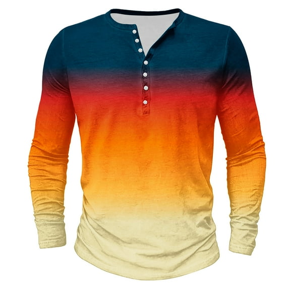 Dagegui Men's Long Sleeve Shirts Tie Dye Fall Crewneck Buttons T-Shirts Gradient Color Round-Neck Henley Shirt Big and Tall Casual Outdoor Tees Tops Orange 4XL