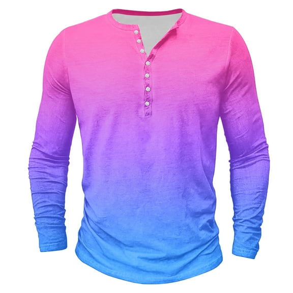 Dagegui Men's Long Sleeve Shirts Tie Dye Fall Crewneck Buttons T-Shirts Gradient Color Round-Neck Henley Shirt Big and Tall Casual Outdoor Tees Tops Pink XL