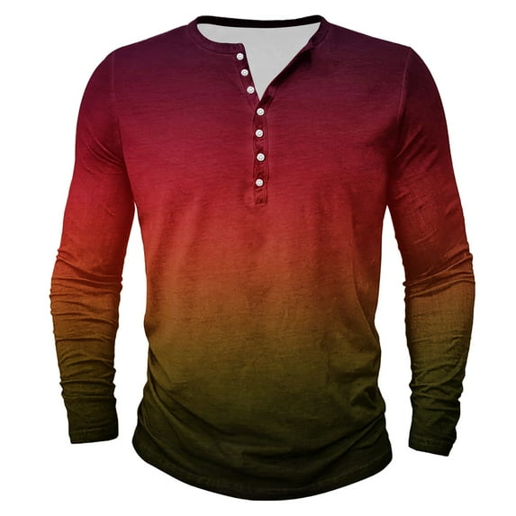 Dagegui Men's Long Sleeve Shirts Tie Dye Fall Crewneck Buttons T-Shirts Gradient Color Round-Neck Henley Shirt Big and Tall Casual Outdoor Tees Tops Red 4XL