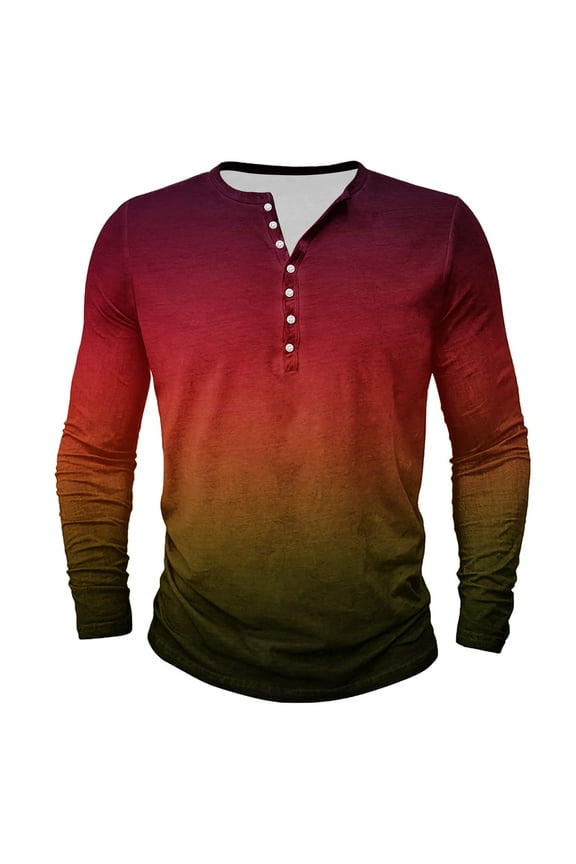 Men's Long Sleeve Shirts Tie Dye Fall Crewneck Buttons T-Shirts Gradient Color Round-Neck Henley Shirt Big and Tall Casual Outdoor Tees Tops Red XL