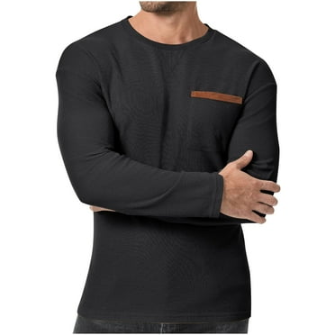 Dagegui Men's Long Sleeve T-Shirt Casual Crewneck Pullover Waffle Knit Tops Basic Outdoor Vacation Travel Tees with Pocket Black,S