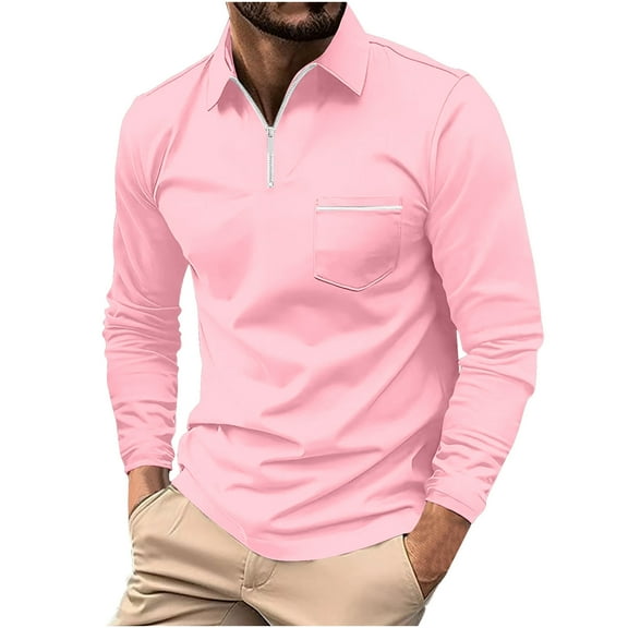 Dagegui Men's Long Sleeve T-Shirts Solid Color Quarter Zip Lapel Shirts Trendy Golf Shirt with Chest Pocket Outdoor Casual Comfy Fall Tees Tops Pink,M