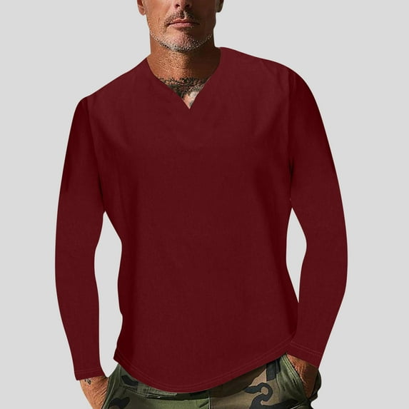 Dagegui Men's Long Sleeve T-Shirts Solid Color V Neck Pullover Shirts Big and Tall Slim Fit Sport Shirt Casual Fall Daily Tees Tops Wine 2XL
