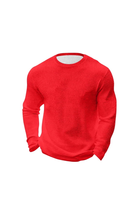 Men's Long Sleeve T Shirts Waffle Knit Crewneck Pullover Fall Tops Casual Comfy Daily Tees Red L
