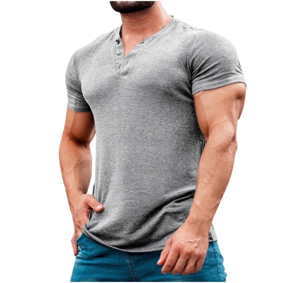 Dagegui Men's Muscle Workout Shirts Gray Short Sleeve V-Neck T-Shirt Slim Fit Gym Bodybuilding Fitness Tee Summer Comfy Tops 3X