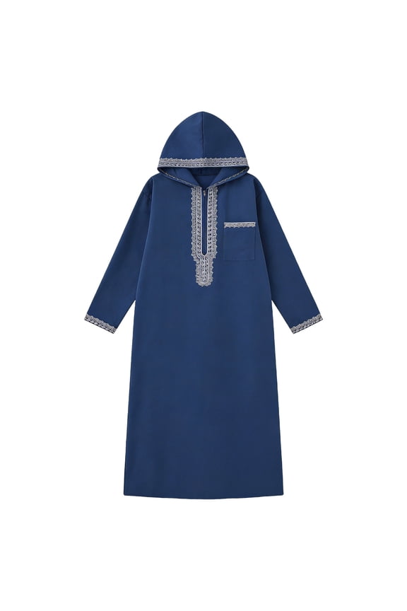 Men's Muslim Thobe Embroidery Long Sleeve Hooded Robes Trendy 1/4 Zip Up Kaftan Tops with Chest Pocket Blue XXL