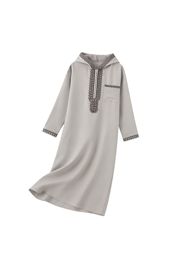 Men's Muslim Thobe Embroidery Long Sleeve Hooded Robes Trendy 1/4 Zip Up Kaftan Tops with Chest Pocket Gray S