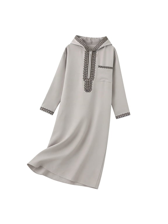 Men's Muslim Thobe Embroidery Long Sleeve Hooded Robes Trendy 1/4 Zip Up Kaftan Tops with Chest Pocket Gray XL