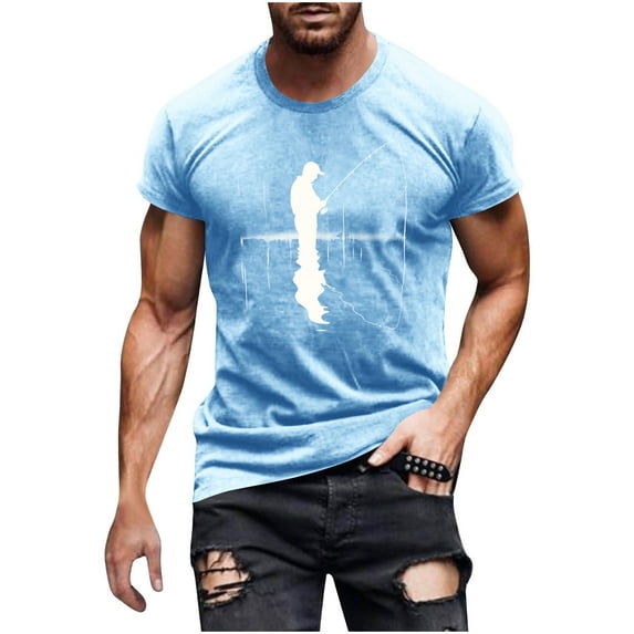 Dagegui Men's Outdoor T-Shirts Funny Fishing Graphic Short Sleeve Big and Tall Running Athletic T Shirt Soft Comfy Summer Tees Today Deals Light Blue 4XL