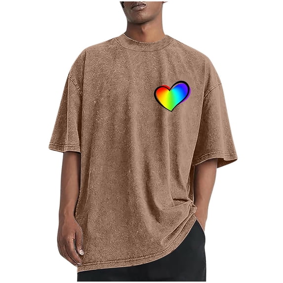 Dagegui Men's Oversized Cotton T-Shirts Heart Graphic Short Sleeve Vintage Washed Tee Casual Crewneck Shirt Loose Fit Tops Coffee XXL