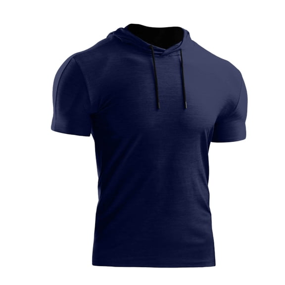 Dagegui Men's Performance Athletic Hoodies Lightweight Navy Hooded Short Sleeve Workout T-Shirt Solid Color Gym Running Workout Tees 2X