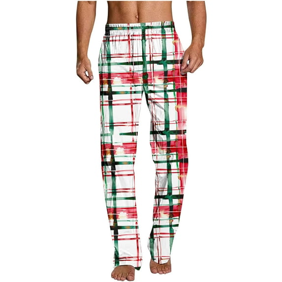 Dagegui Men's Plaid Pajama Pants Elastic Waist Pjs Pant Soft Cozy Sleep Pant Casual Loose Fit Straight Leg Trousers Lightweight Lounge Pants White,2XL