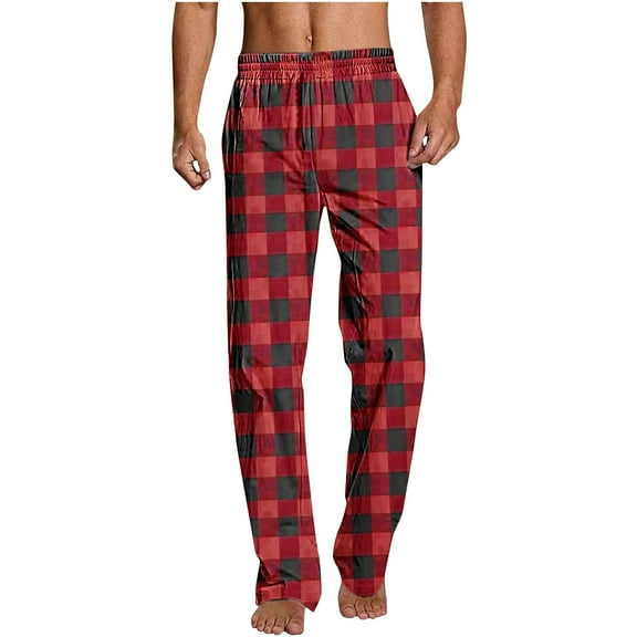 Dagegui Men's Plaid Pajama Pants Elastic Waist Pjs Pant Soft Cozy Sleep Pant Casual Loose Fit Straight Leg Trousers Lightweight Lounge Pants Red,M