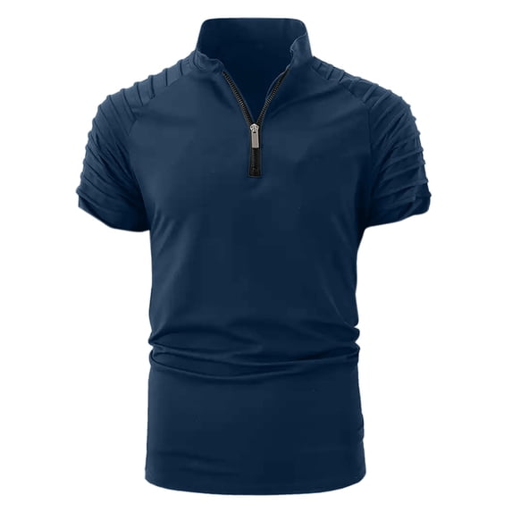 Dagegui Men's Pleated Short Sleeve T-Shirts Navy Stand Collar Shirt Lightweight Workout Muscle Gym Tops Summer 1/4 Zipper Tshirt L