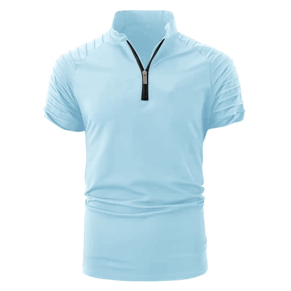 Dagegui Men's Pleated Short Sleeve T-Shirts Sky Blue Stand Collar Shirt Lightweight Workout Muscle Gym Tops Summer 1/4 Zipper Tshirt M
