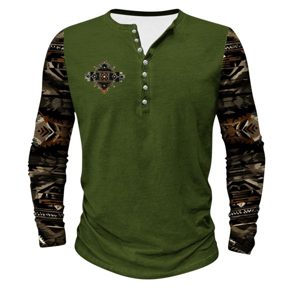 Dagegui Men's Plus Size Long Sleeve Shirts Vintage Aztec Shirt Big and Tall Henley Tees Western Ethnic Tribal Button Up Pullover Tops Green,S