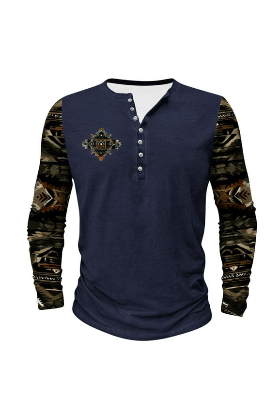 Men's Plus Size Long Sleeve Shirts Vintage Aztec Shirt Big and Tall Henley Tees Western Ethnic Tribal Button Up Pullover Tops Navy,2XL