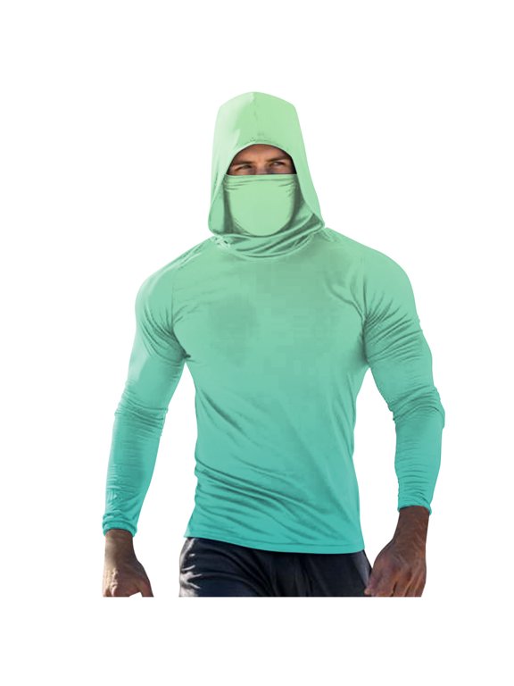 Men's Pullover Sun Hoodie with Built-In Face Mask Rash Guard UPF Long Sleeve Cooling UV Protection Fishing Shirt Summer Tops Mint Green L