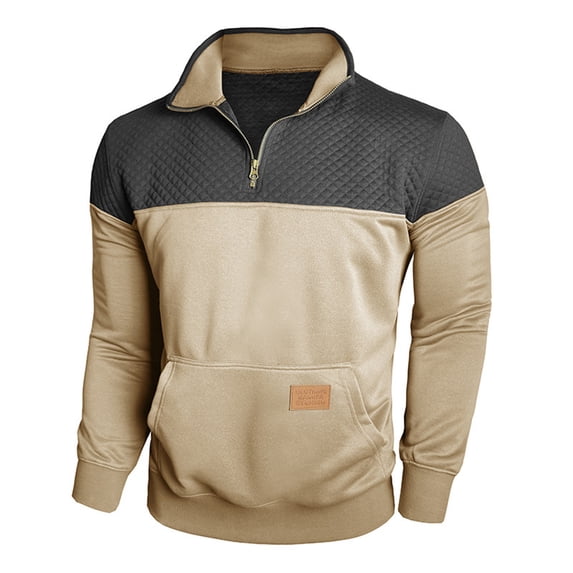 Dagegui Men's Pullover Sweatshirt Quarter Zip Stand Neck Pullover Fleece Lined Long Sleeve Color Block Sweatshirts with Pocket Khaki XL