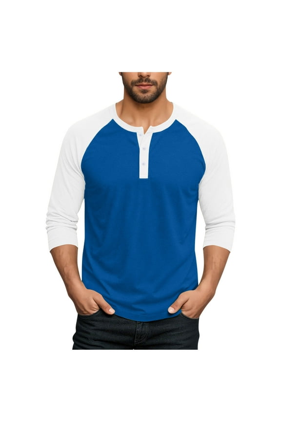 Men's Raglan Long Sleeve T-Shirts Patchwork Baseball Shirts Big and Tall Henley Tops Cozy Outdoor Athletic Tee Blue XL