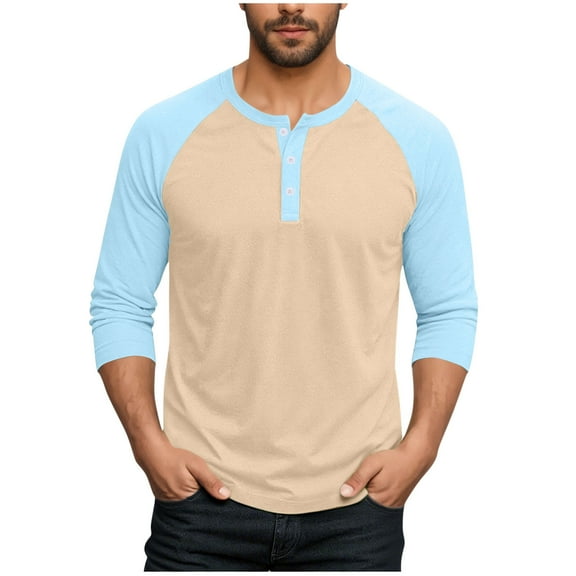 Dagegui Men's Raglan Long Sleeve T-Shirts Patchwork Baseball Shirts Big and Tall Henley Tops Cozy Outdoor Athletic Tee Khaki M