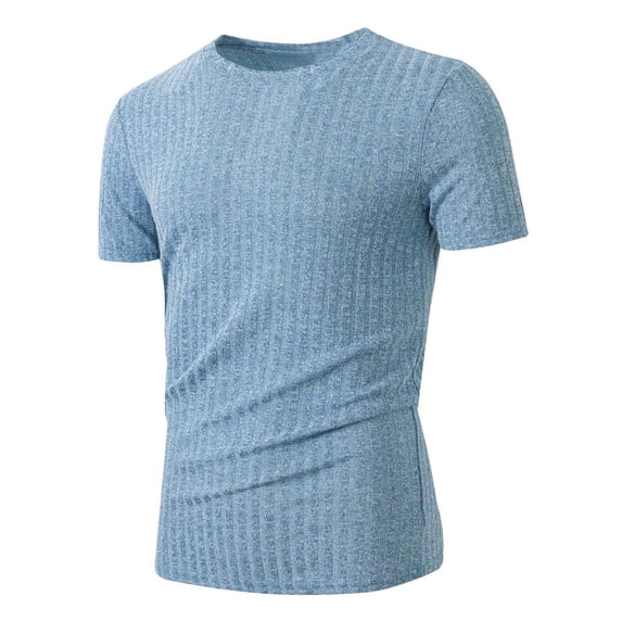 Dagegui Men's Ribbed T-Shirt Light Blue Crewneck Short Sleeve Slim Fit Muscle Workout Tee Soft Comfy Everyday Shirts for Summer L