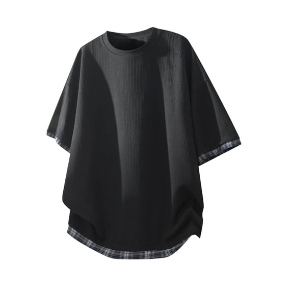 Dagegui Men's Short Sleeve Drop Shoulder T Shirt Black Casual Loose Fit Tee Tops Plaid Patchwork Crewneck Pullover Shirts M